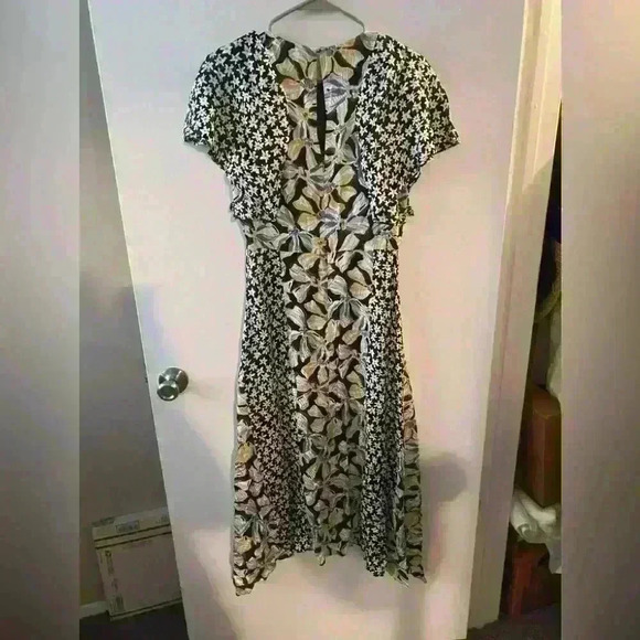 Rebecca Taylor Bow Fleur Print Mix Midi Dress in Black Combo size 2 Nwt - Picture 4 of 7
